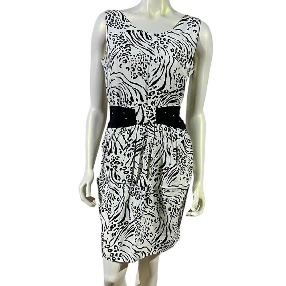 Vintage 1980s Animal Print Skirt Suit Set Zebra Leopard Black White Small USA